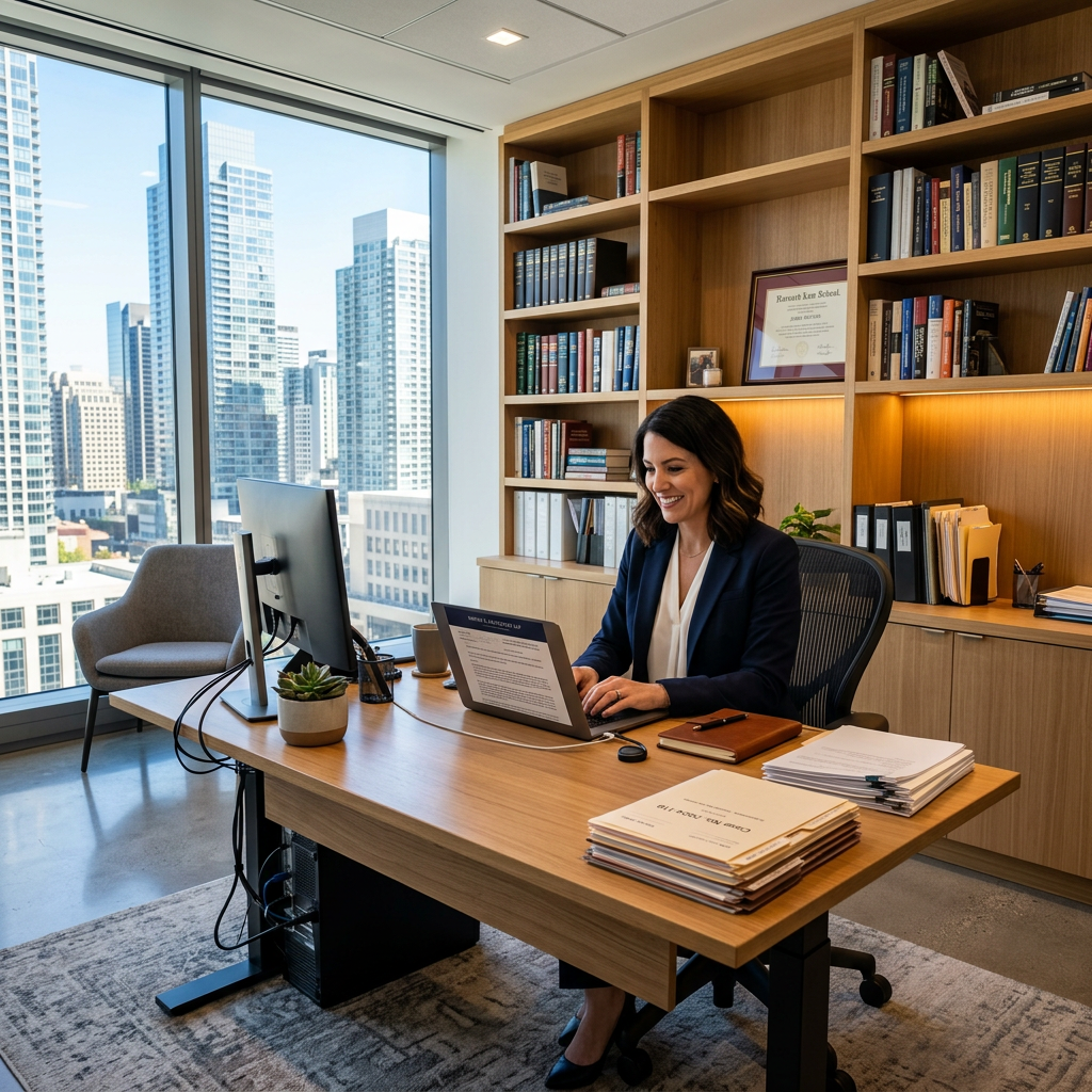 Woman sitting at a wooden desk working on a laptop in an office with large windows showing city skyscrapers