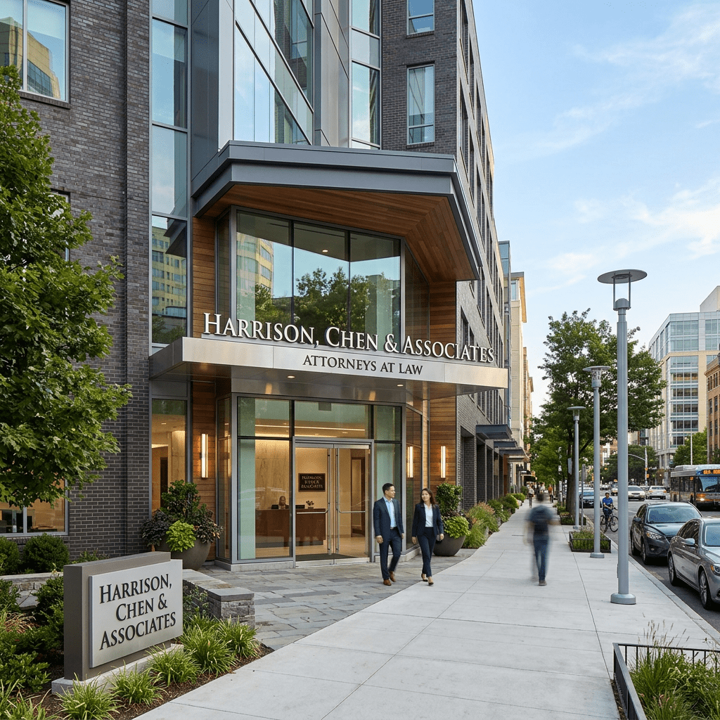 Entrance of Harrison, Chen & Associates attorneys at law office with people walking outside
