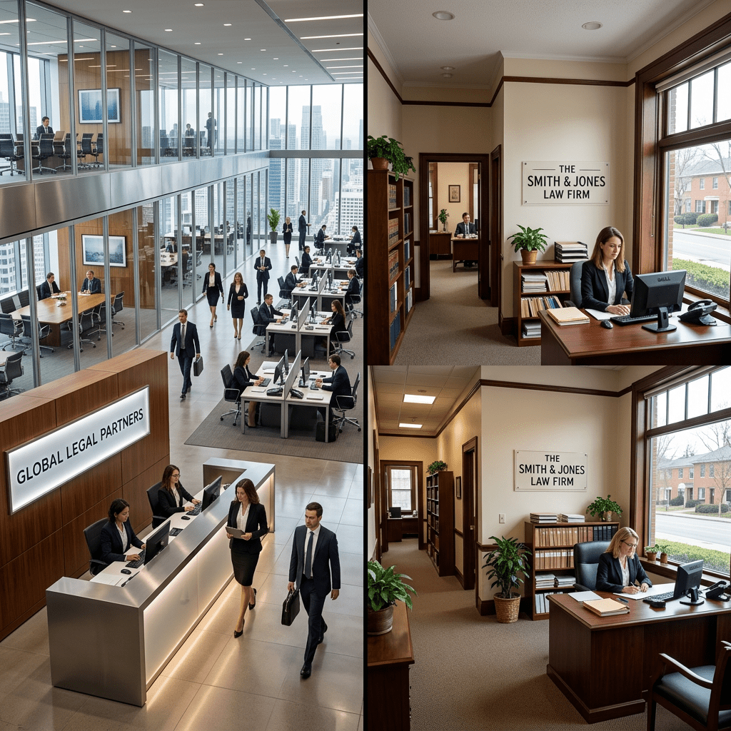 Modern busy law firm interior with employees and a traditional law office interior with a few workers at desks