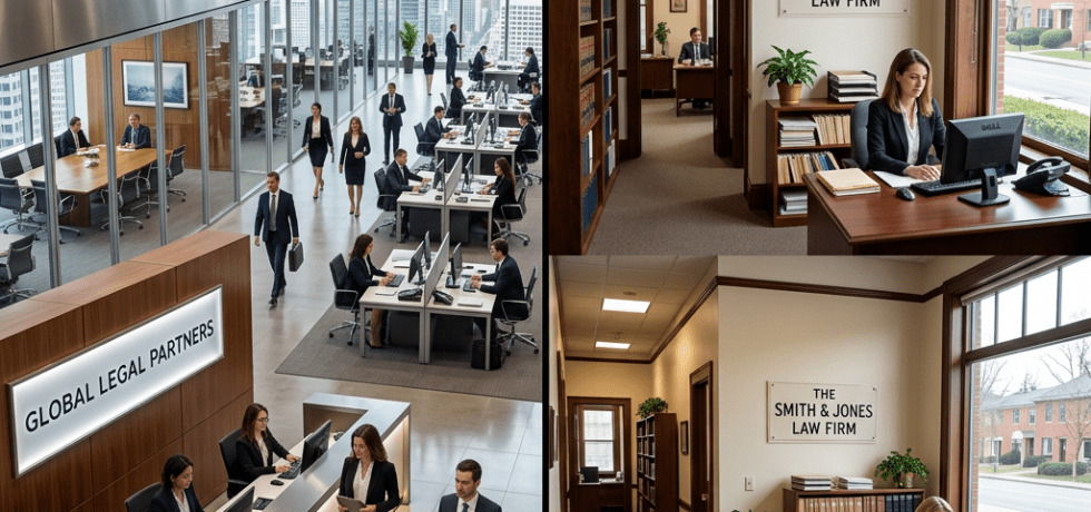 Modern busy law firm interior with employees and a traditional law office interior with a few workers at desks